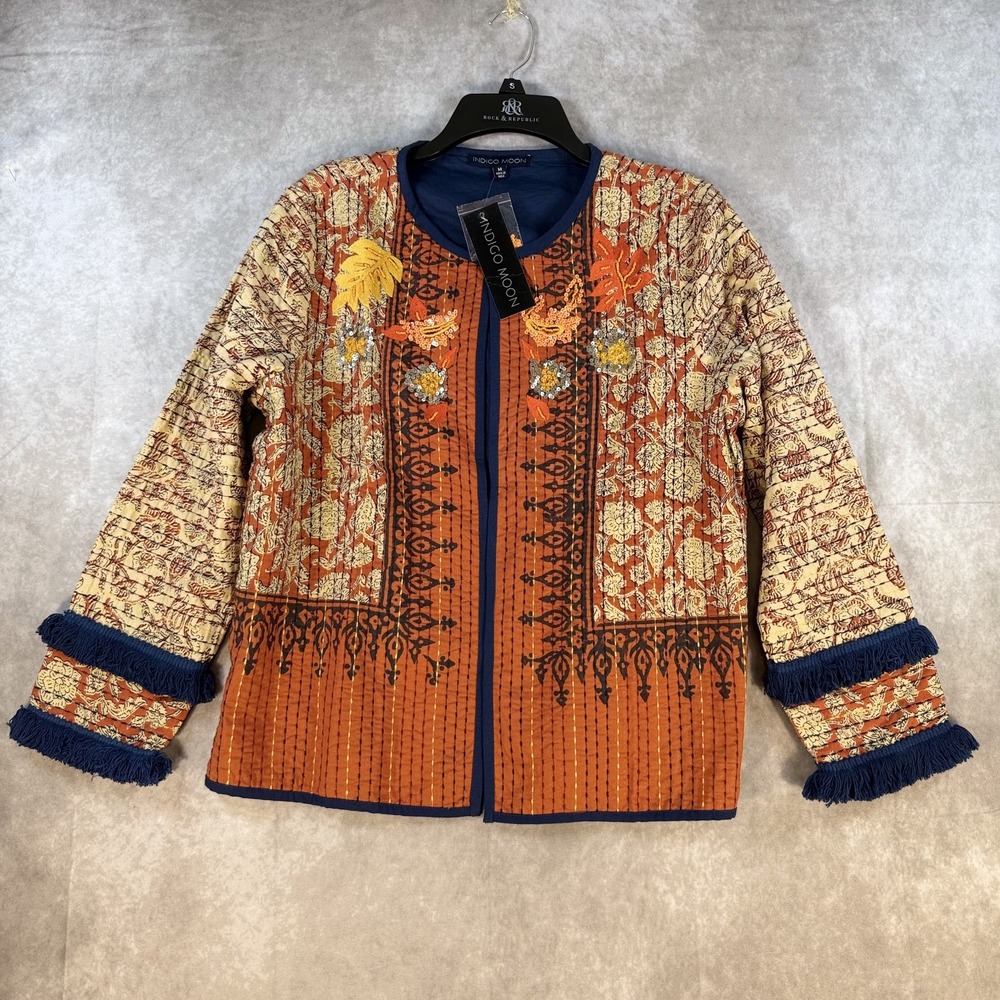 Indigo Moon Jacket Art to Wear Bohemian Embroidered Beaded Sequin Blue‎ Fringe